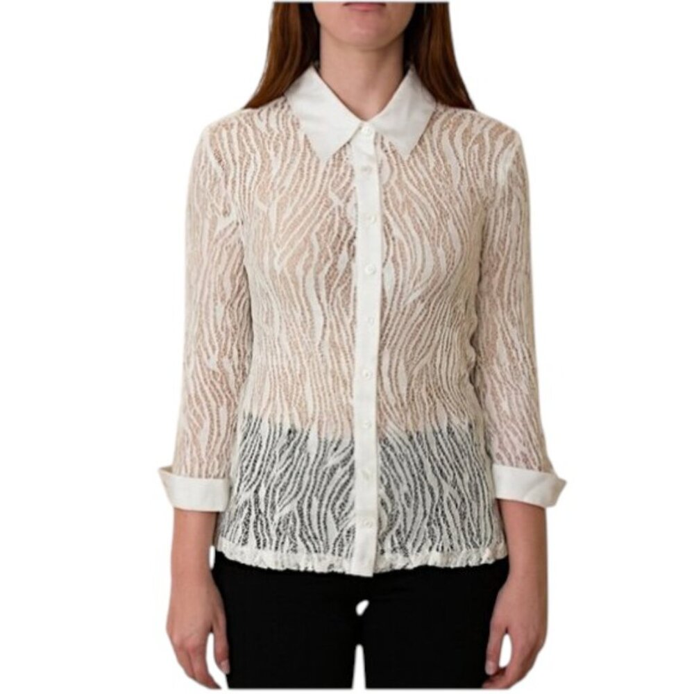 Anne Fontaine Ellie 3/4 Sleeve Contemporary White Lace Blouse Women's Size 40